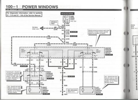 1996 Ford Bronco - Scanned page 100-1 'POWER WINDOWS' from the 1994 Bronco/F-Series electrical vacuum troubleshooting manual, showing the wiring schematic fro…