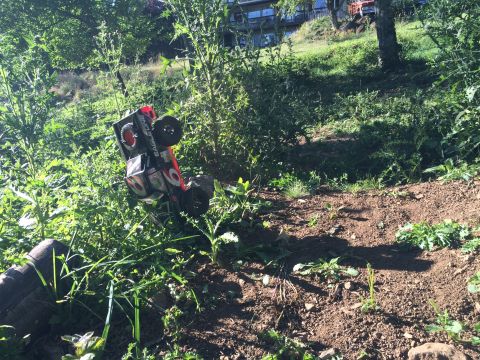 1989 Ford Bronco - An overturned remote-controlled rock crawler truck is stuck in dense green foliage on a dirt path. The truck is red and black with visible…