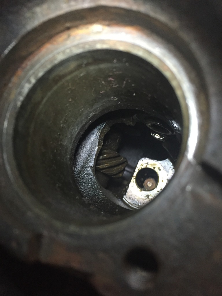a shot through of the cam the distributor hole.  hard to tell here if it is a roller cam or not.
