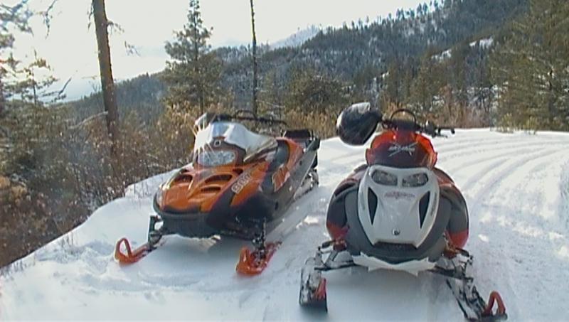 Two snowmobiles parked on a snowy trail in a forest with mountains in the background.
