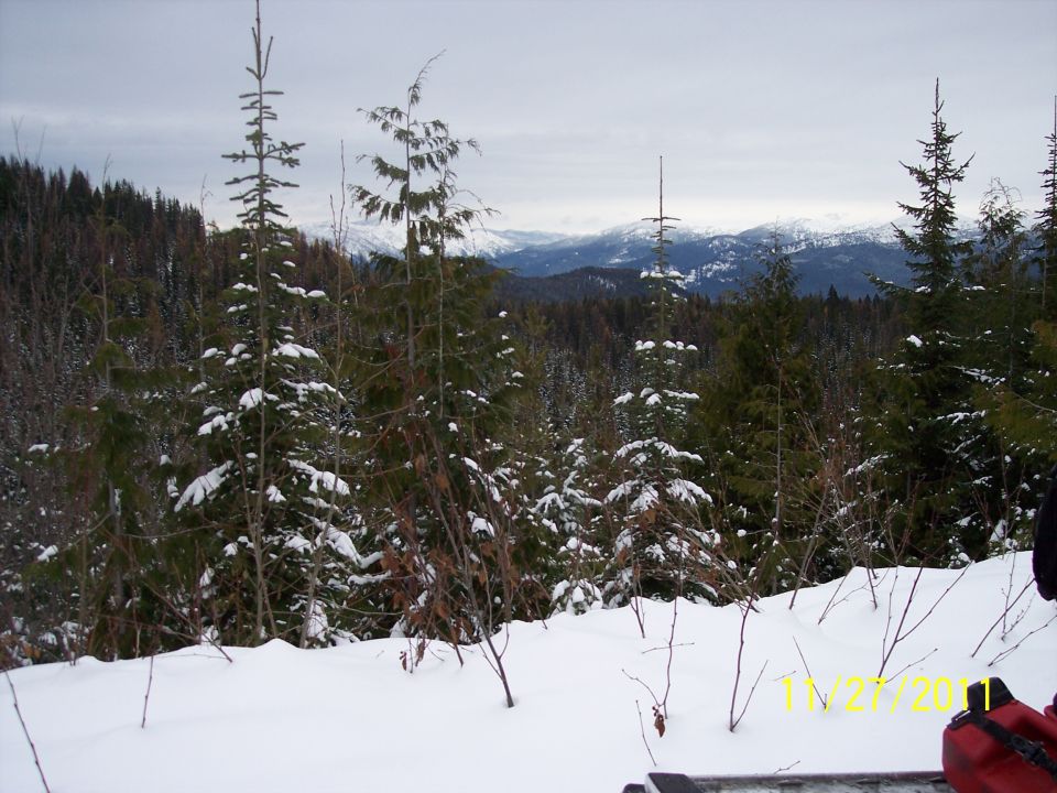 Snowmobile tracks in snow with trees and hills in background