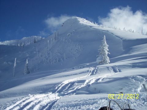 2004 Arctic Cat King Cat 900 - Tracks in the snow lead up a mountain slope under a bright blue sky, with snow-covered trees dotting the landscape.