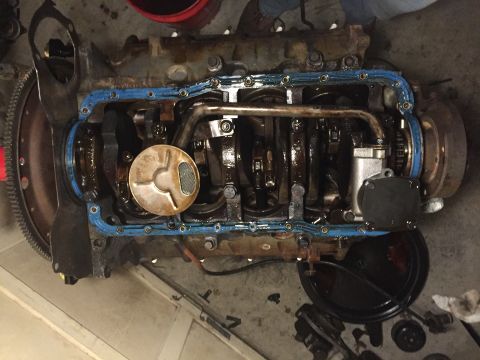 1989 Ford Bronco - Engine oil pan removed, exposing the crankshaft and oil pickup screen. Supermotors.net logo is visible.