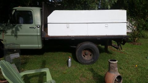 1978 Ford Bronco - A green truck with a white utility body is parked on a grassy area.