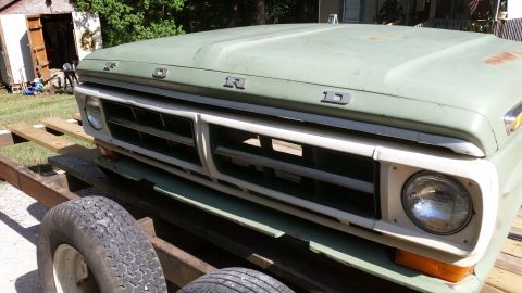 Green Ford F-Series truck grille and hood with 'FORD' badging