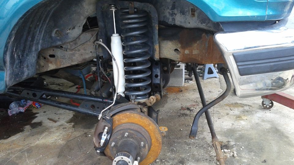 installed the 5.5 inch Deaver coil springs. got the 6 inch BDS Suspension shocks installed. have the radius arm brackets relocated and mounted using Energy Suspension poly bushings. have the hubs assembled and replaced brake hose with extended hoses
