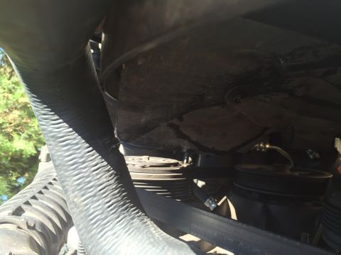 1994 Ford Bronco - Close-up view of engine components, showing pulleys, belts, and a large hose, with visible water leakage.