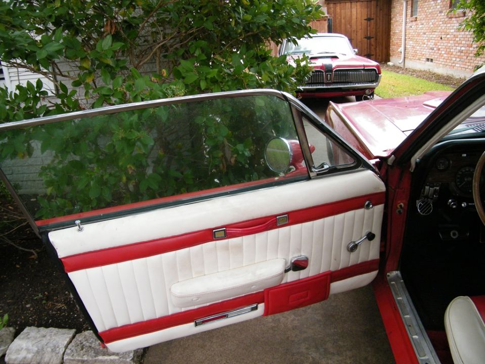 1968 Mercury Cougar interior door panel with white and red upholstery