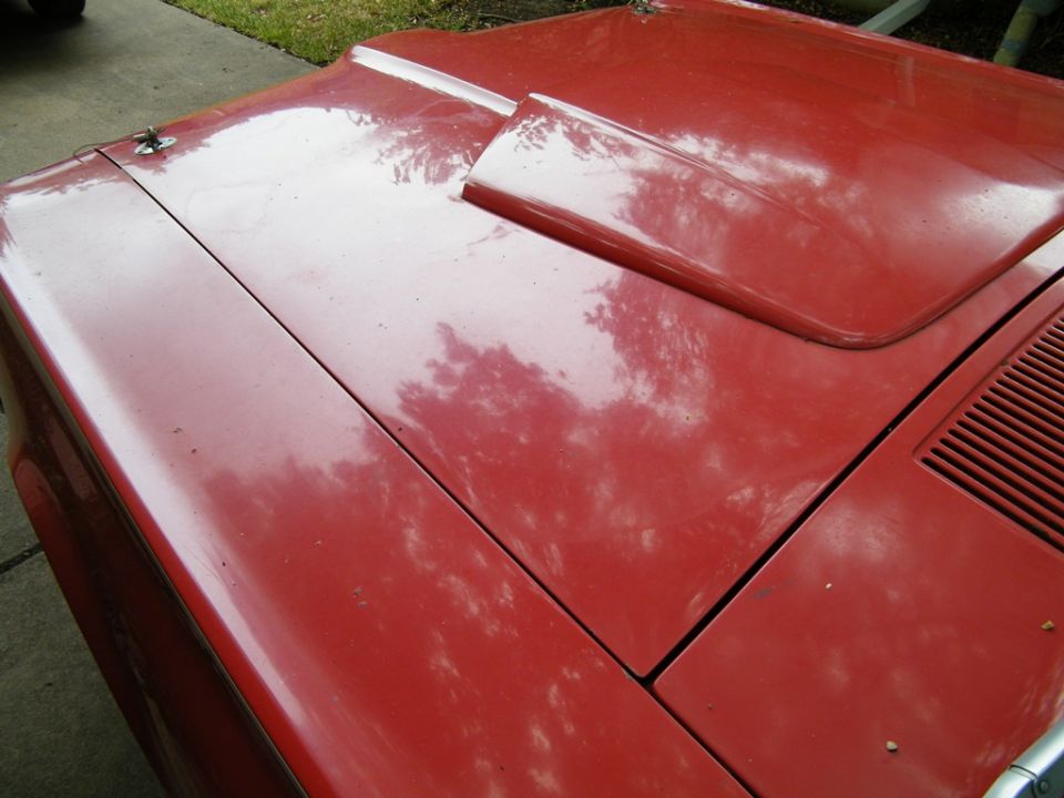 Red 1968 Mercury Cougar hood with scoop