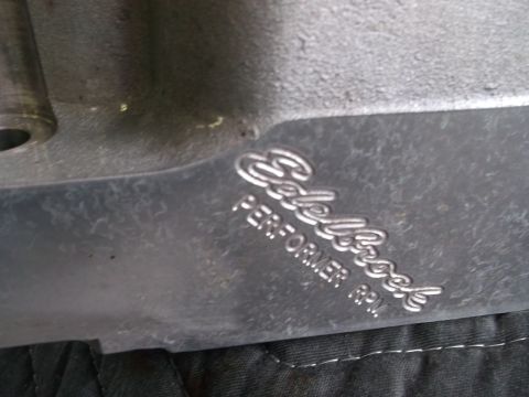 1971 Ford Ranchero - Close-up of an engine component with 'Edelbrock Performer RPM' embossed on its surface.