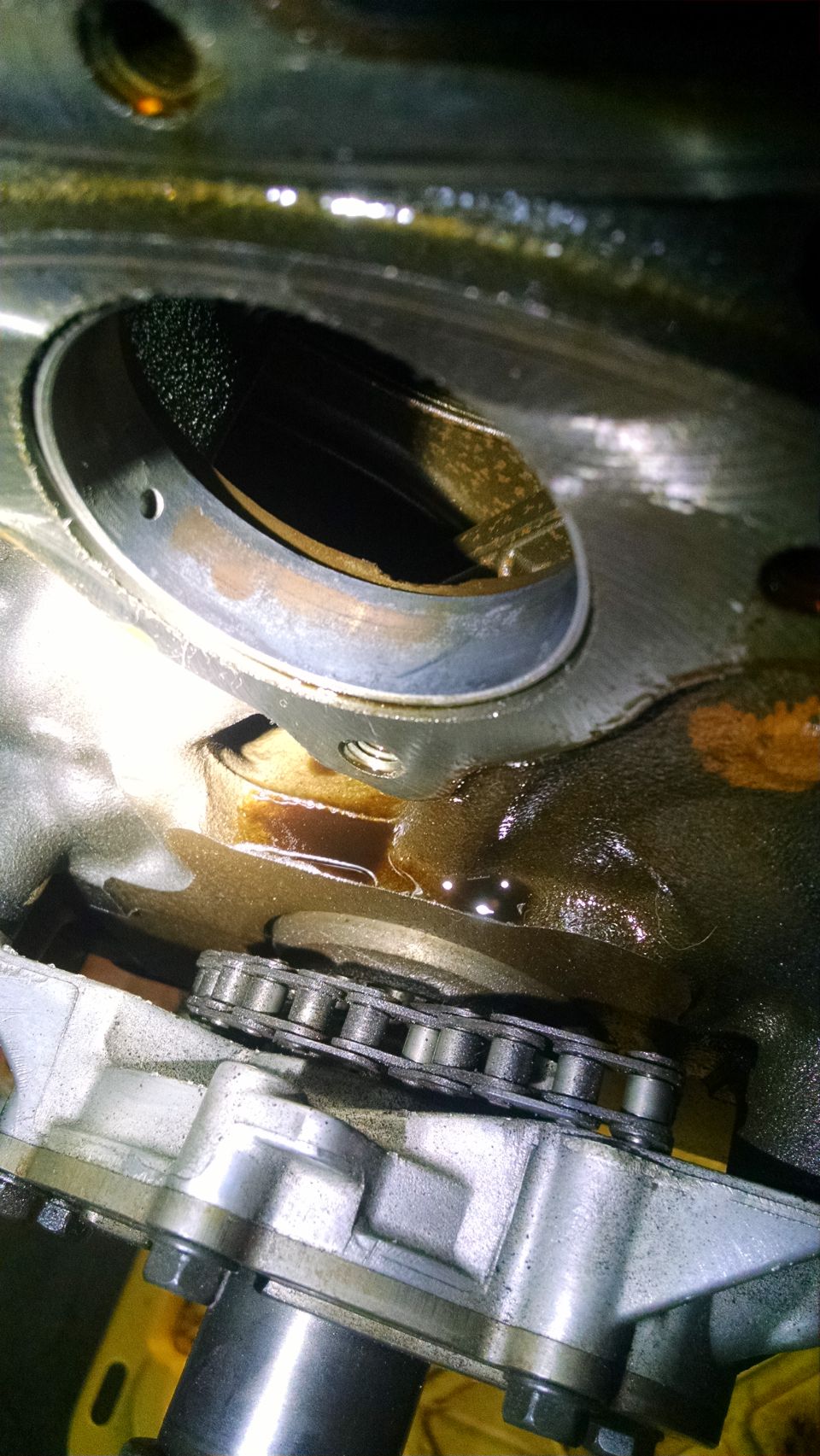 close-up of engine timing chain and gears with oil
