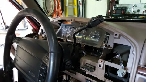 1996 Ford Bronco - Interior view of a 1996 Ford Bronco dashboard, showing the steering wheel and instrument cluster.
