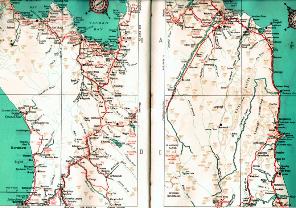 map showing Tasman Bay and parts of the South Island of New Zealand with roads and place names