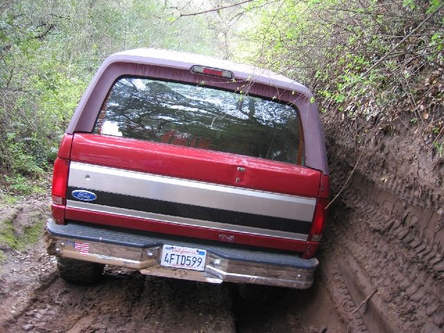 Red Ford Bronco from the rear on a rutted dirt trail between brushy banks