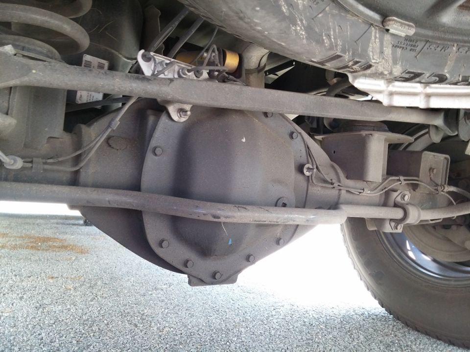 Rear axle differential assembly with suspension components visible above