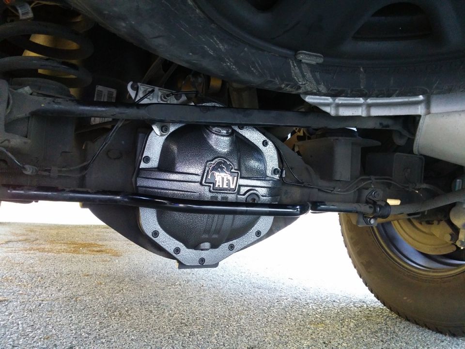 underneath shot of a vehicle's rear differential with an AEV cover installed