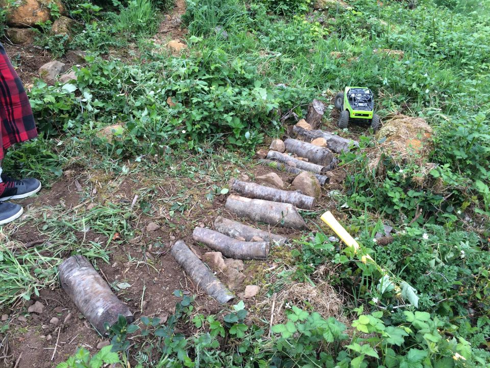 Green RC rock crawler on a path made of logs