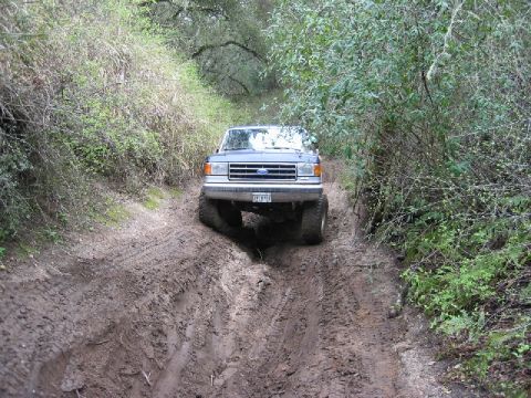 1989 Ford Bronco - This 1989 Ford Bronco navigates a challenging muddy path surrounded by dense foliage.