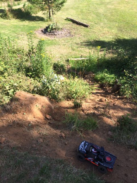 1989 Ford Bronco - A remote control rock crawler is positioned on a dirt path, with grassy areas and trees visible.