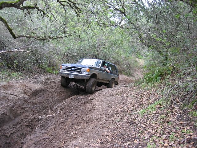 Dark full-size Ford Bronco crawling a muddy forest trail