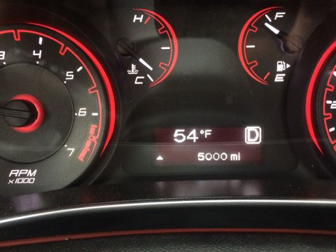 2015 Dodge Dart - Close-up of a car's interior dashboard, showing various gauges and a digital readout.