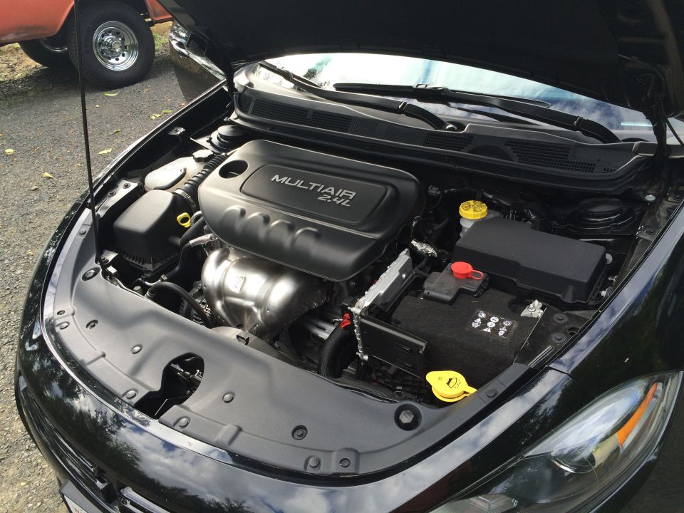 2015 Dodge Dart engine bay with hood open, showing the MULTIAIR 2.4L engine.