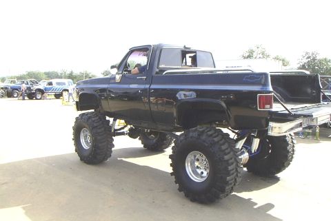 1995 Ford Bronco - A heavily modified pickup truck with oversized tires is parked outdoors, with other vehicles in the background.