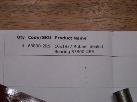 1999 Mercury Grand Marquis - A document shows a line item for a quantity of 4, with the code/SKU 63800-2RS and the product name 10x19x7 Rubber Sealed Bearing 63800-2RS.