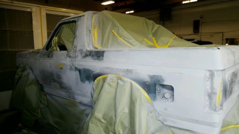 1988 Ford Bronco - This 1988 Ford Bronco is being prepped for paint, showing its bodywork in progress.