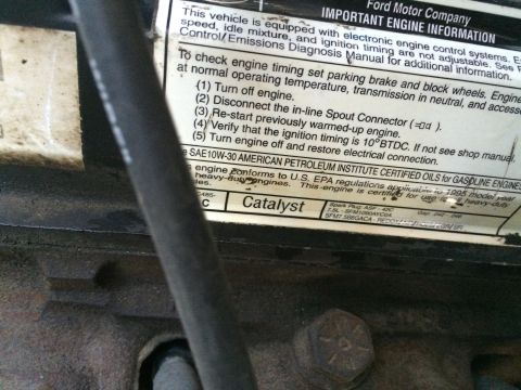 1988 Ford Bronco - This sticker provides important engine information, including timing procedures and oil specifications.