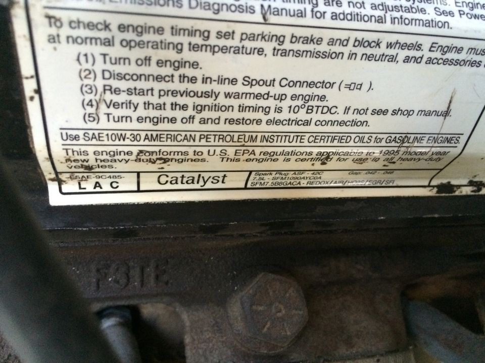 Ford timing and emissions label with Spout connector steps, 10°BTDC and 7.5L spark plug data