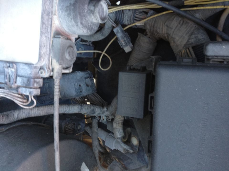 Close-up of a vehicle's engine bay showing a black fuse box and a gray relay box with wiring.