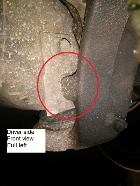 1996 Ford Bronco - A close-up, low-angle view of a vehicle's suspension component, possibly a steering knuckle or control arm bracket, circled in red. The par…