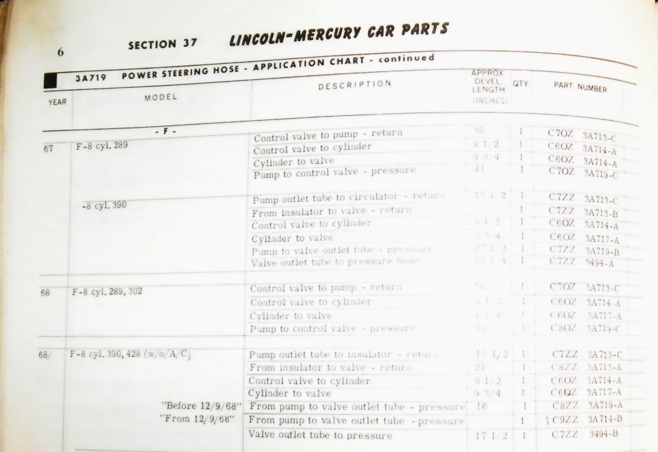 Lincoln-Mercury Section 37 power steering hose 3A719 application chart for '67-'68 F-8 engines
