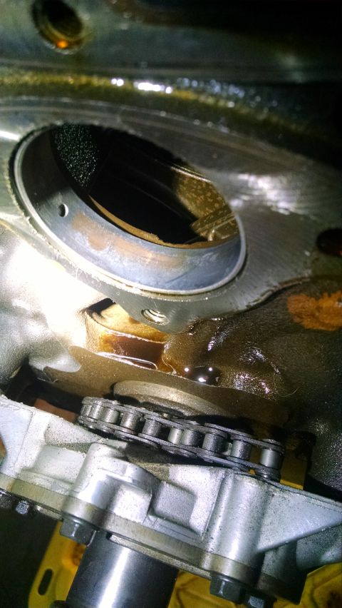1985 Jeep CJ7 - The image shows a close-up view of an engine's timing chain and gears, with oil present.