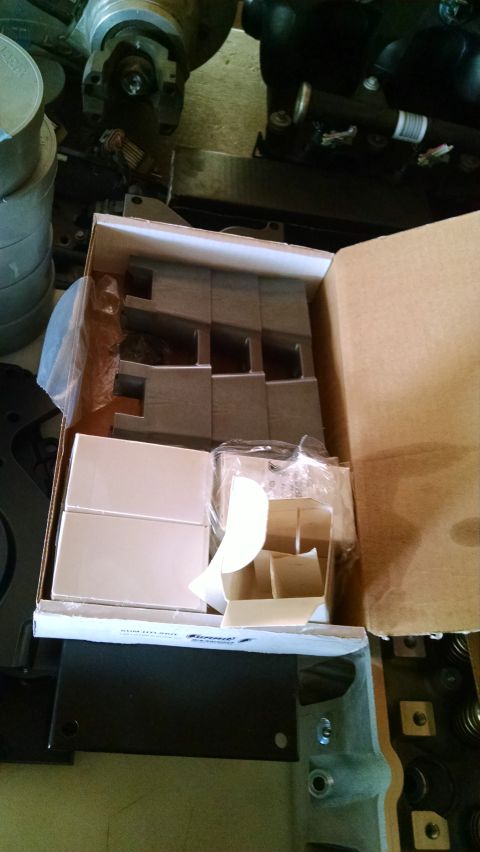 1985 Jeep CJ7 - Engine components are organized within a cardboard box, some pieces still sealed in plastic.