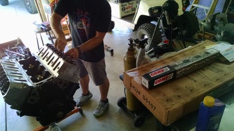 1985 Jeep CJ7 - Engine block assembly in progress with new camshafts ready for installation.