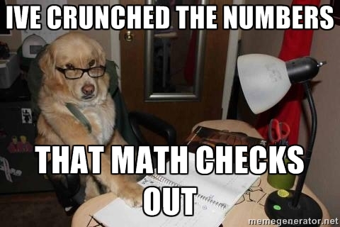 1995 Mercury Grand Marquis - A dog wearing glasses sits at a desk with papers and a lamp, with text overlay stating "IVE CRUNCHED THE NUMBERS THAT MATH CHECKS OUT".