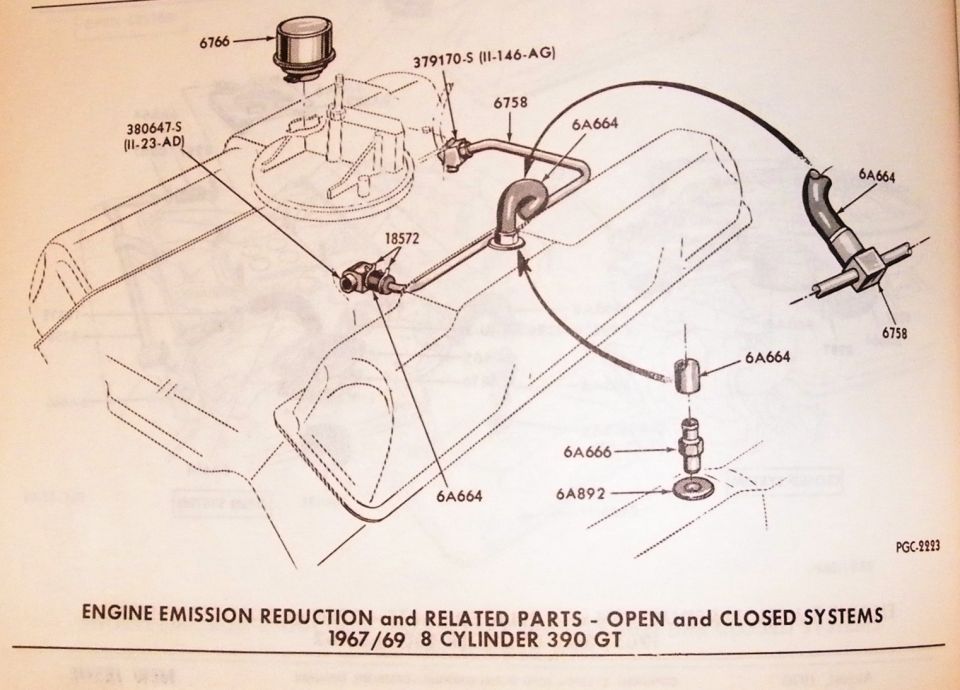 '67-69 390 GT V8 open and closed emission system parts diagram with Ford part numbers