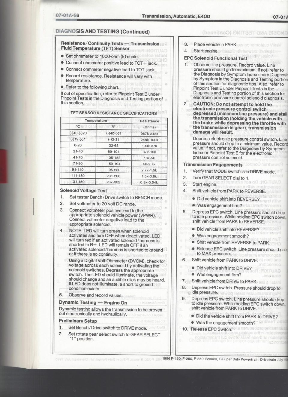 E4OD service page 07-01A-86 with TFT sensor resistance chart, solenoid and EPC tests