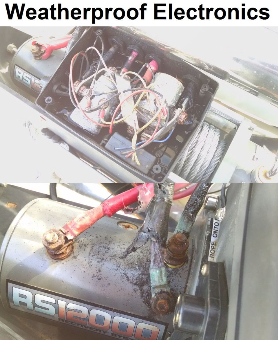 Corroded RS12000 winch wiring and terminals with rust, burnt cables, and green oxidation