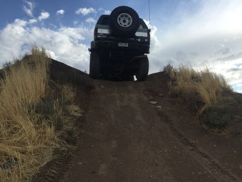 1988 Ford Bronco - 1988 Ford Bronco tackles an off-road trail, showing its rear profile and spare tire.