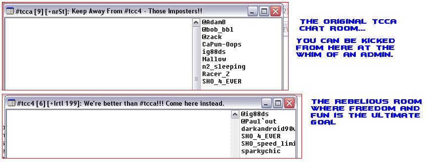 Screenshot of #tcca and #tcc4 IRC chat windows with user lists and blue text annotations