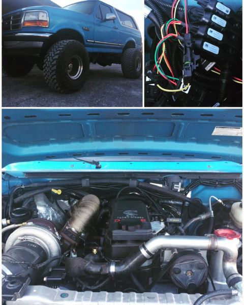 1995 Ford Bronco - 1995 Ford Bronco modified with a Cummins turbo diesel engine, visible in the engine bay and wiring detail.