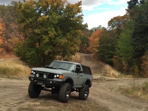 1988 Ford Bronco - A lifted, gray 1988 Ford Bronco is parked on a dirt road surrounded by trees with autumn foliage. The front of the vehicle features an afte…