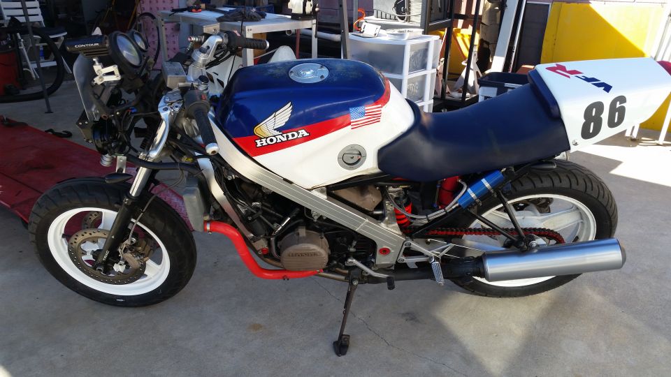 1986 Honda Interceptor cafe racer with custom paint and number 86.