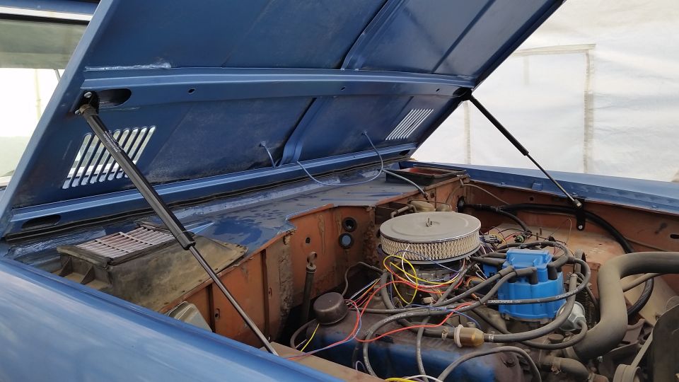Open hood of blue Ford Bronco showing V8 engine with chrome air cleaner and blue distributor cap