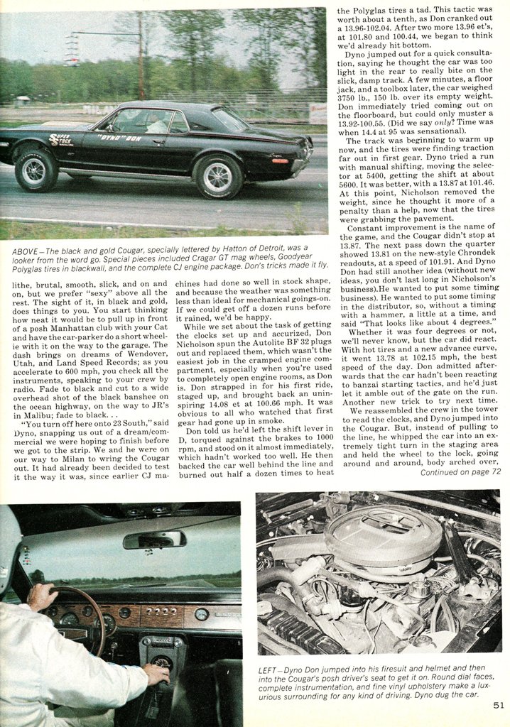 1968 Mercury Cougar drag racing on a strip