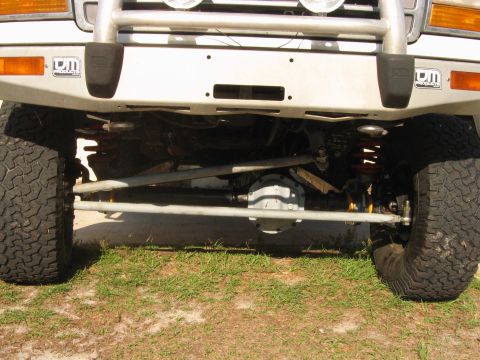 1992 Ford Bronco - Close-up view of the rear axle and suspension system on a heavy-duty truck.