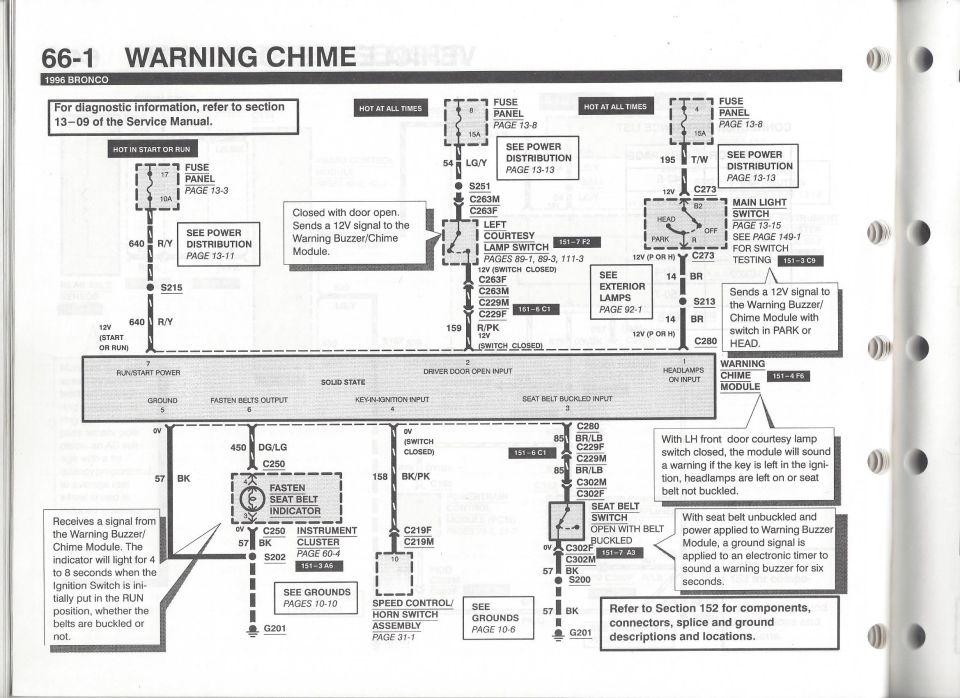 1996 Ford Bronco Warning Chime wiring diagram, section 66-1, seat belt indicator and chime module circuits